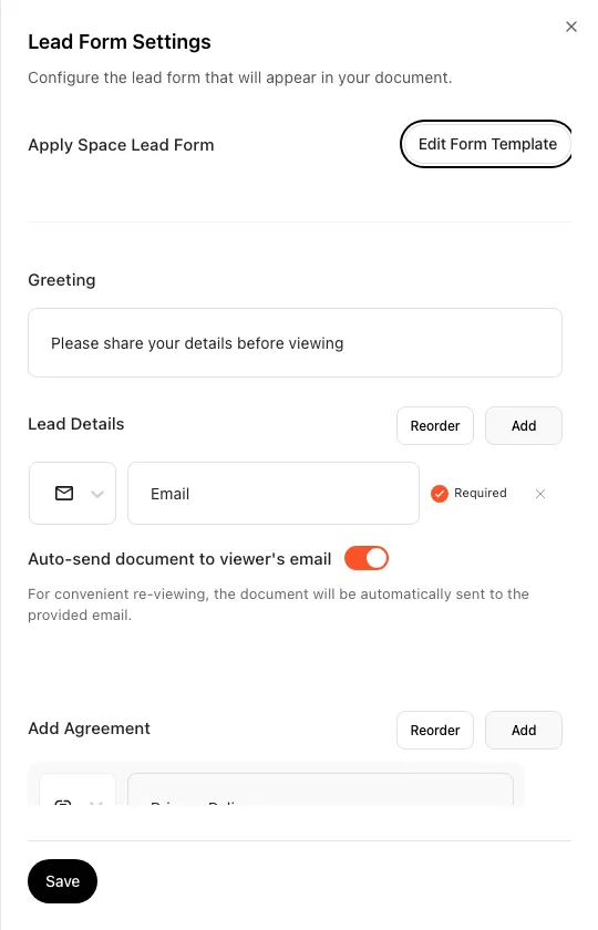 The lead form settings panel
