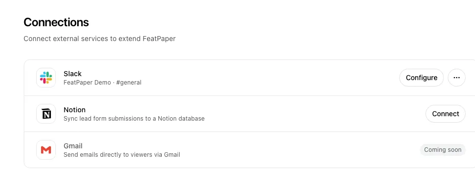 Settings Connections list