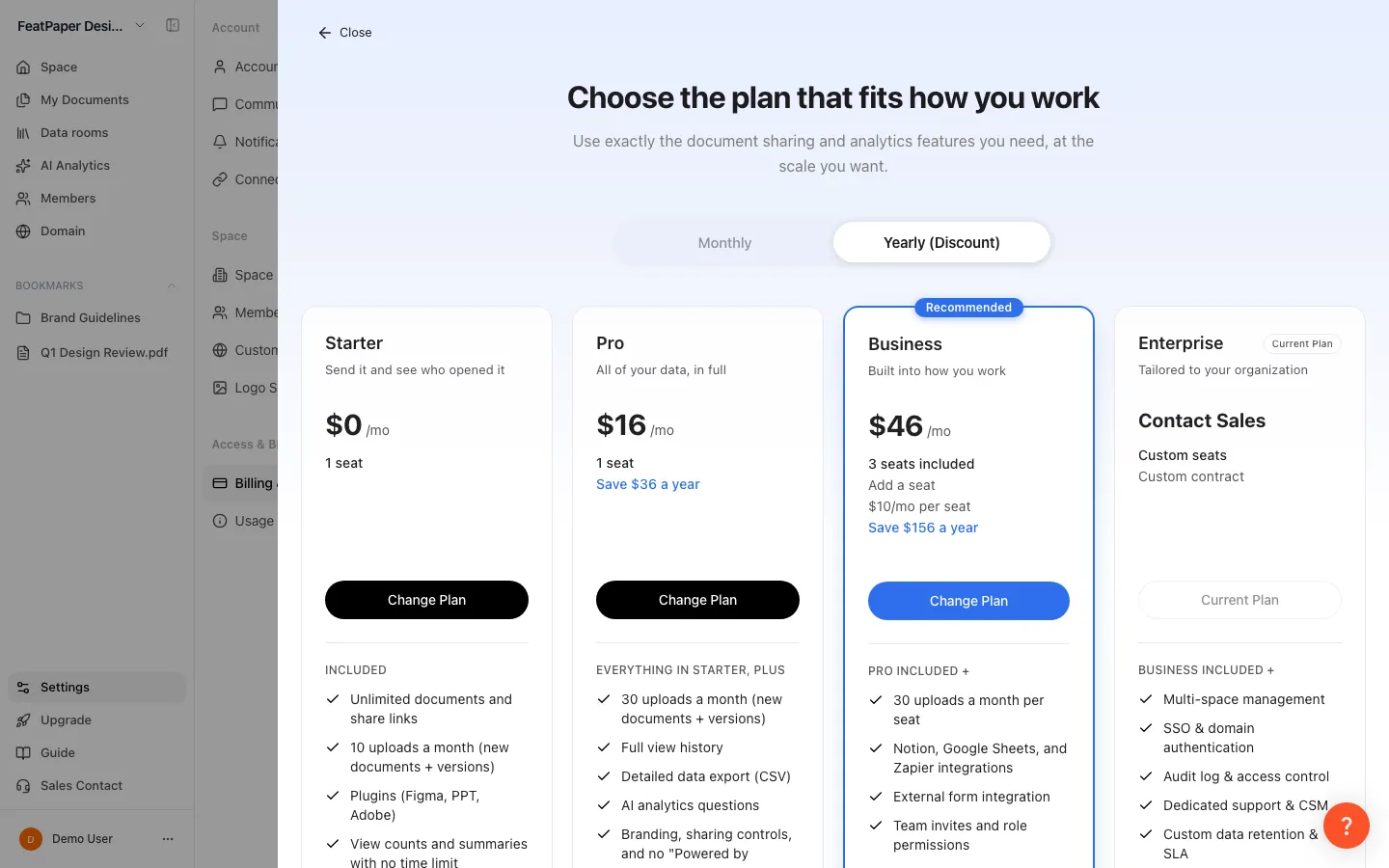 Billing and plans screen