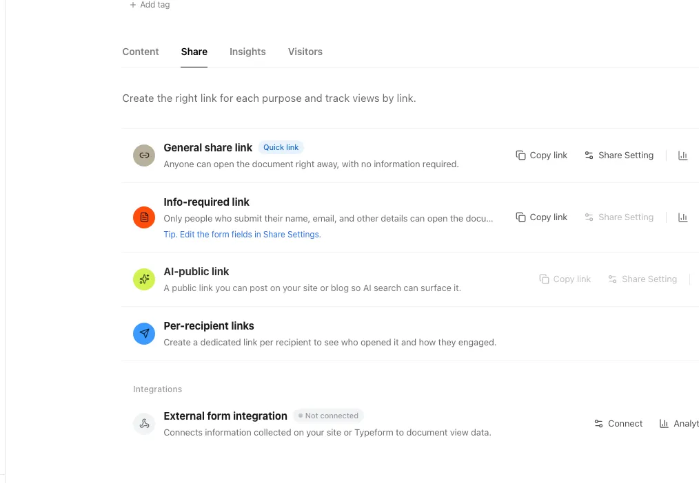 FeatPaper per-link share settings screen