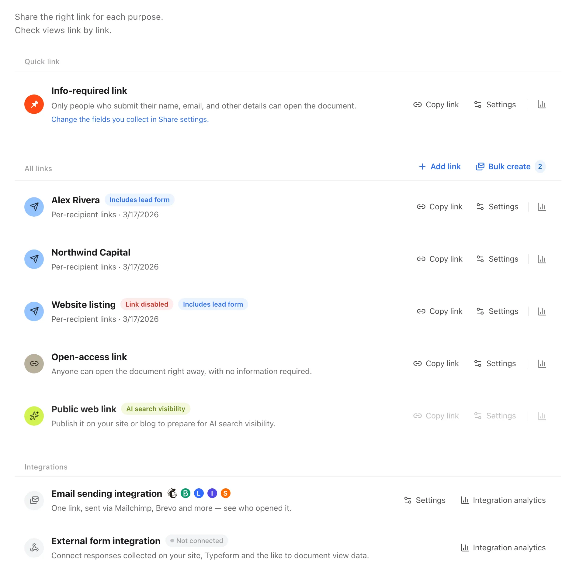 FeatPaper per-link share settings screen