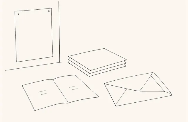 One source document is separated into an open public copy and a controlled review appendix inside an envelope in a monochrome pen sketch