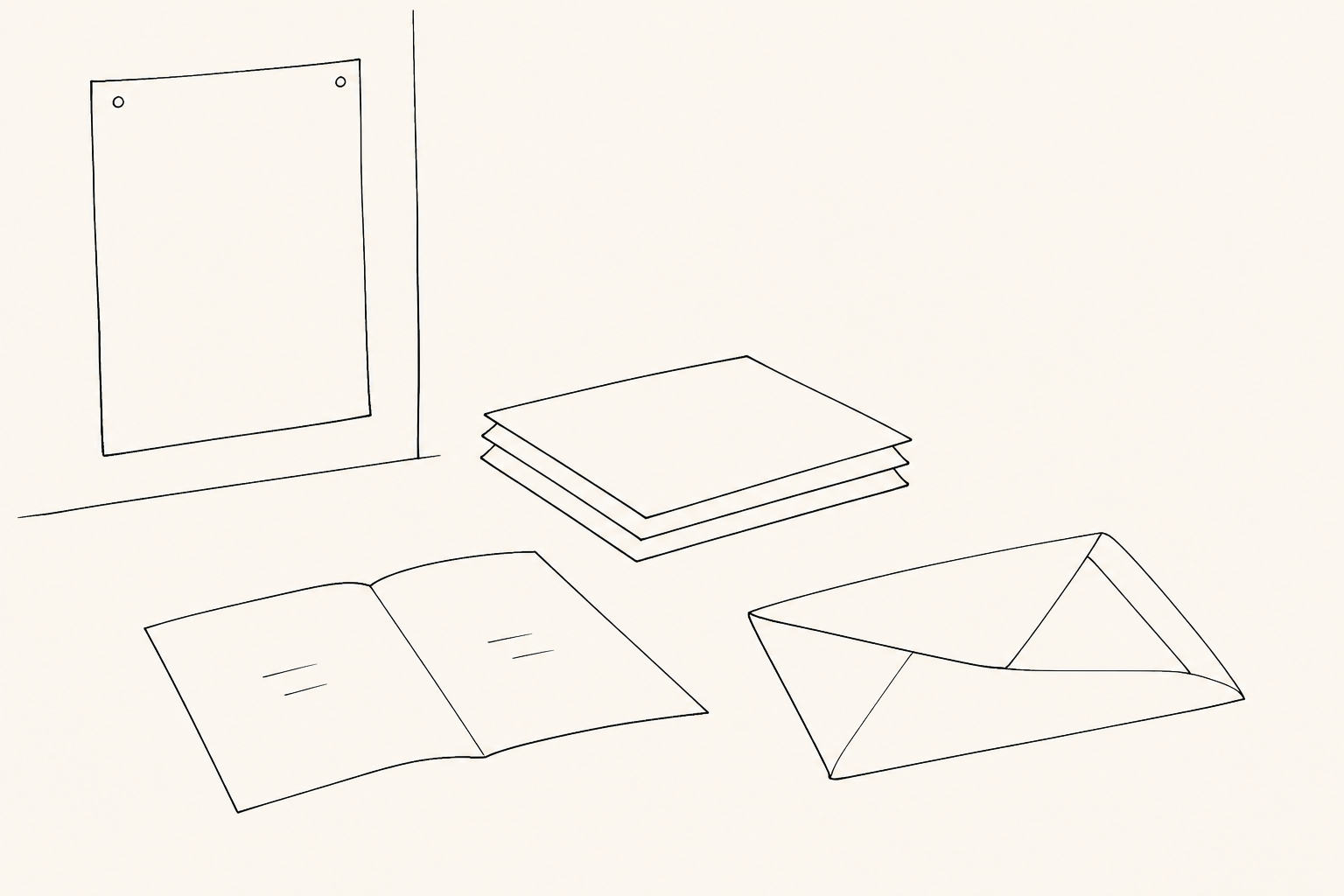 One source document is separated into an open public copy and a controlled review appendix inside an envelope in a monochrome pen sketch