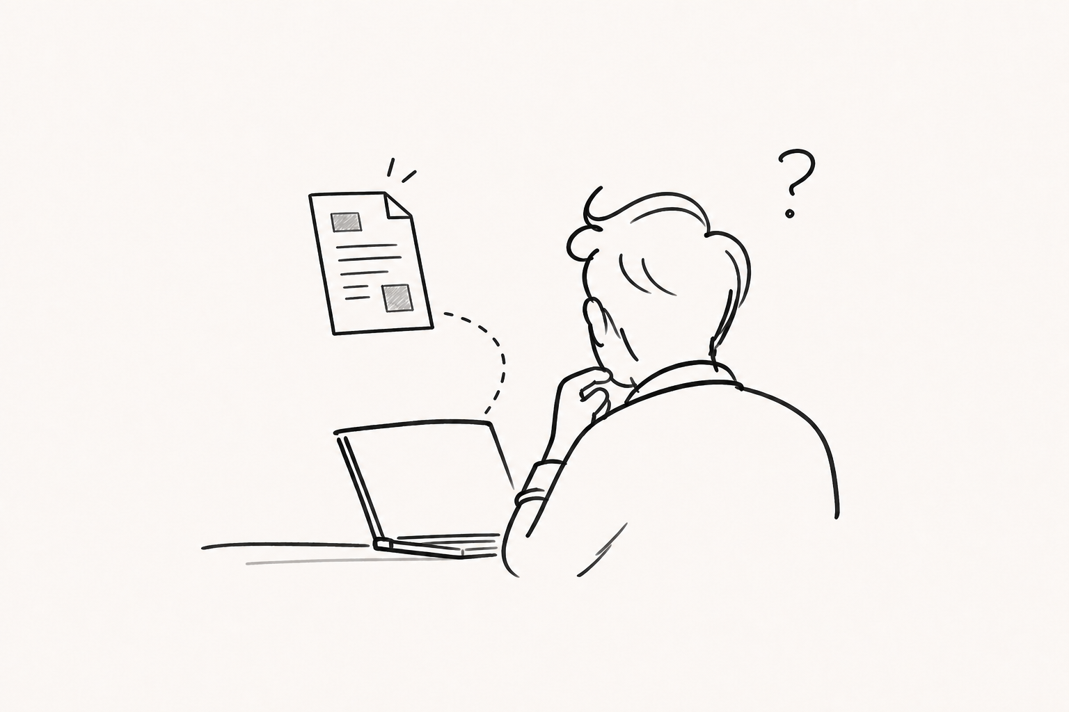 A sales representative seen from behind, considering the next question after sending a document
