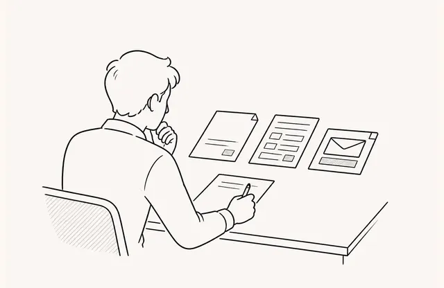 한 사람이 표시 없는 공유 문서, 제출 양식, 수신자와 연결된 봉투를 나란히 비교하며 확인 메모를 쓰는 단색 펜 스케치