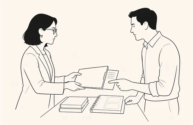 A monochrome pen sketch of two partner managers handing over a proposal and reference materials while aligning roles and update ownership.