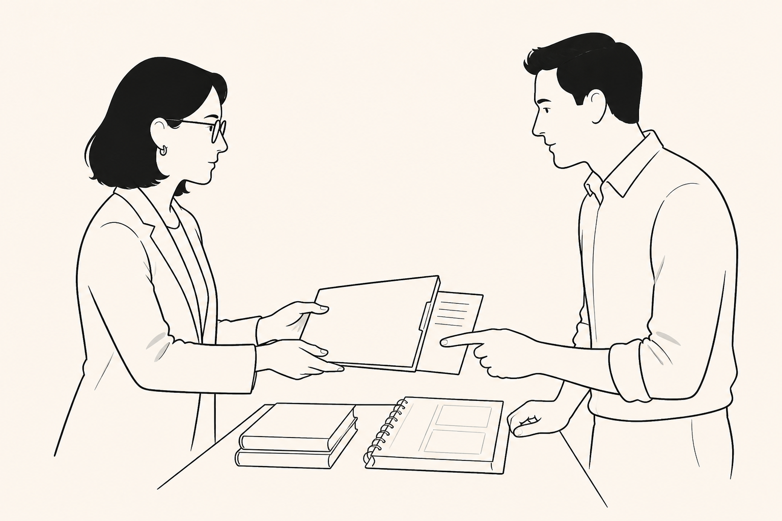 A monochrome pen sketch of two partner managers handing over a proposal and reference materials while aligning roles and update ownership.