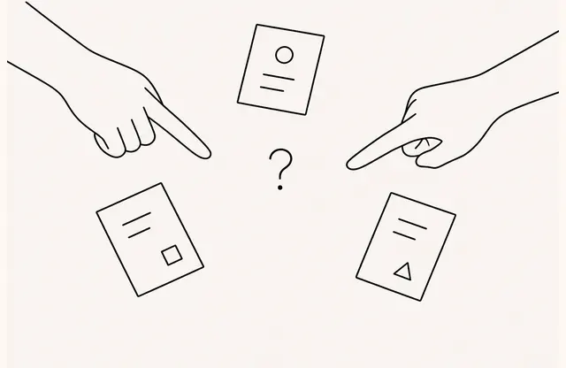 A pen sketch of two hands pointing to a question mark in the empty connection between three documents