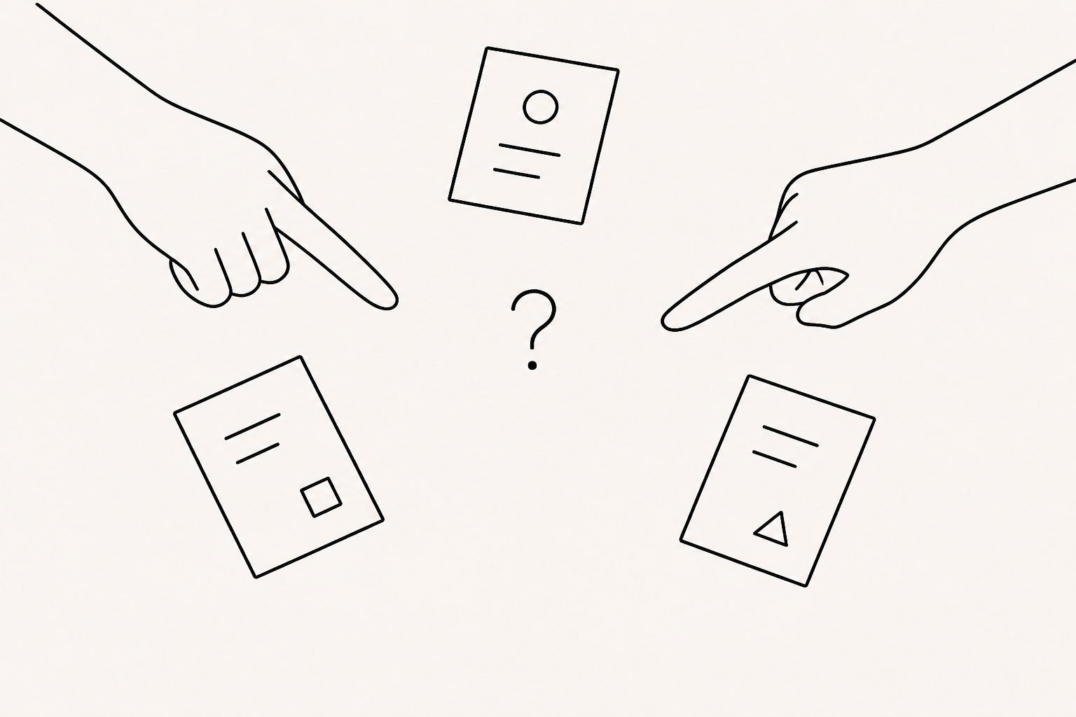 A pen sketch of two hands pointing to a question mark in the empty connection between three documents