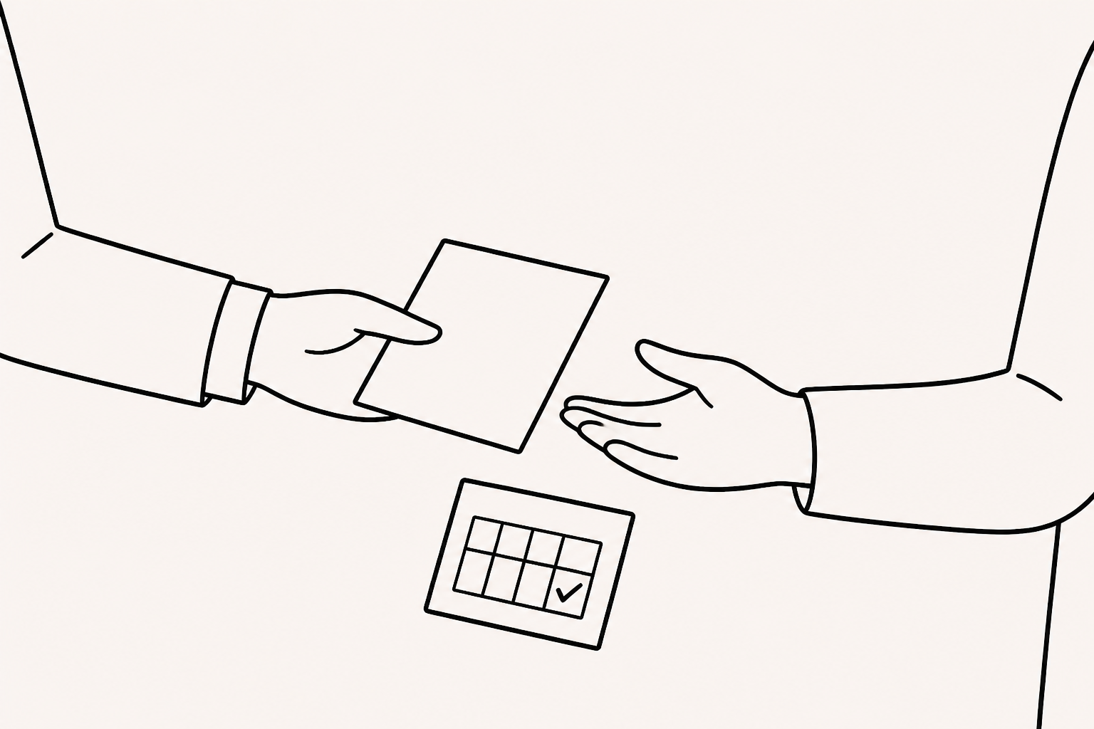 A pen sketch of two people handing over a document card while checking a nearby calendar card for follow-up.