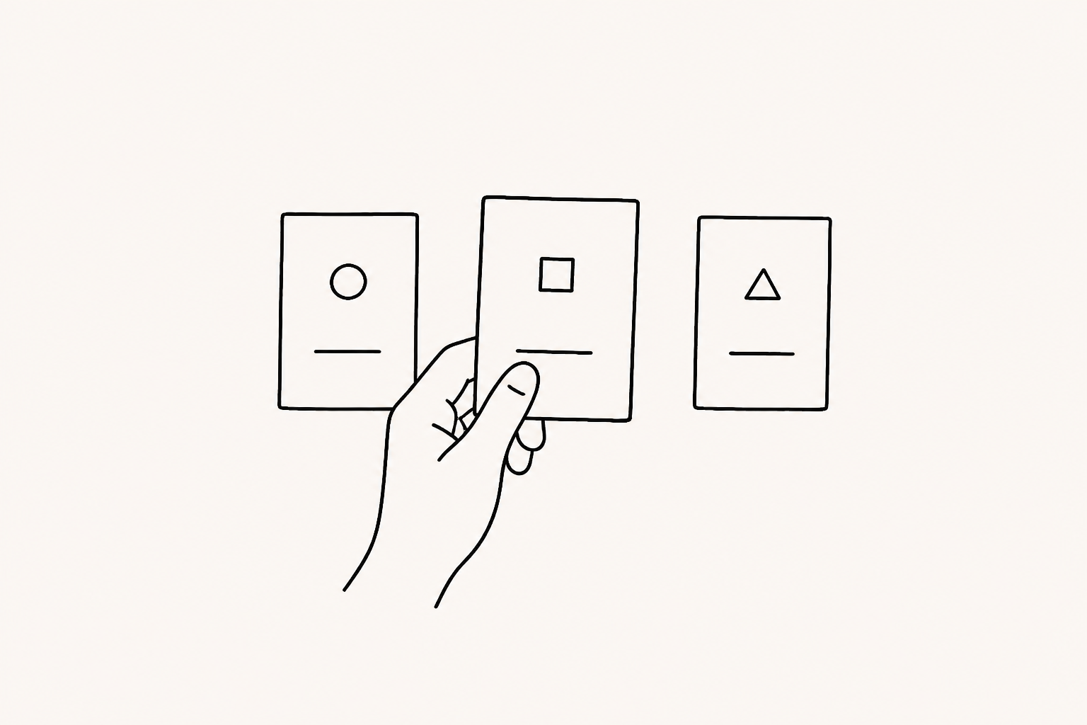 A simple pen sketch of one hand selecting the middle of three choice cards.
