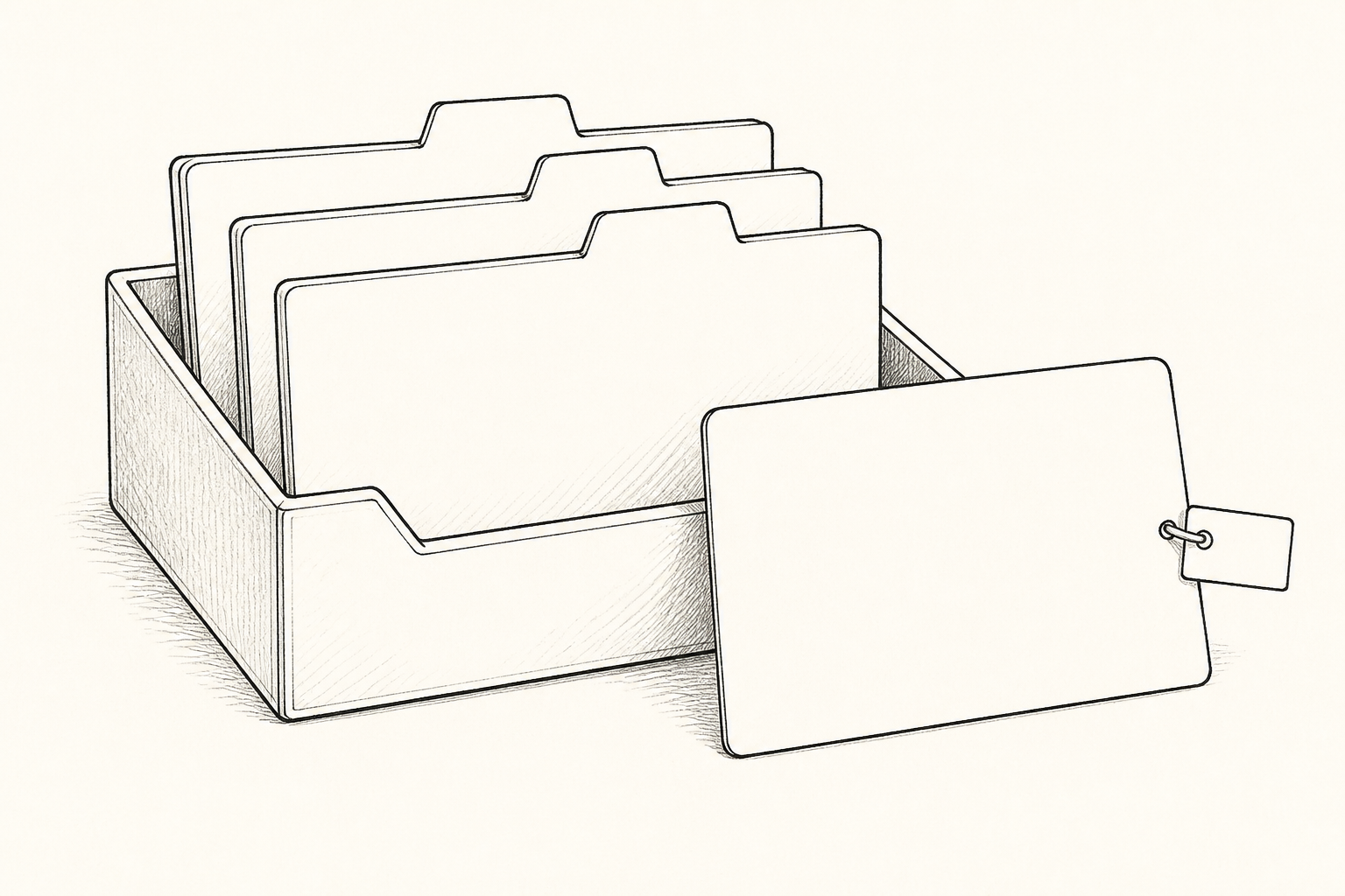 A monochrome pen sketch of one current asset card retrieved from a material tray divided by three tabs.