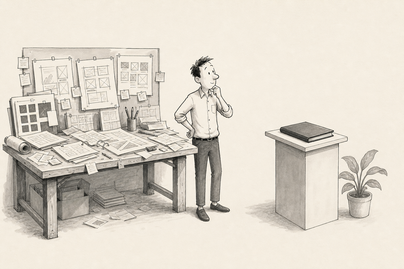 A simple sketch of one person looking from a cluttered editing workbench toward a single tidy document prepared for a client