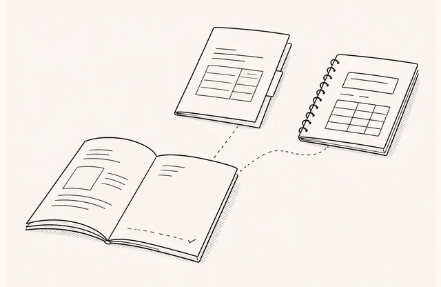 A monochrome pen sketch of a finished case-study booklet leading to separate proposal-scope and pricing documents.