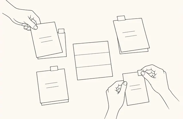 Two pairs of hands organize external review documents into question-based groups and check a separate setting tab on each document in a monochrome pen sketch