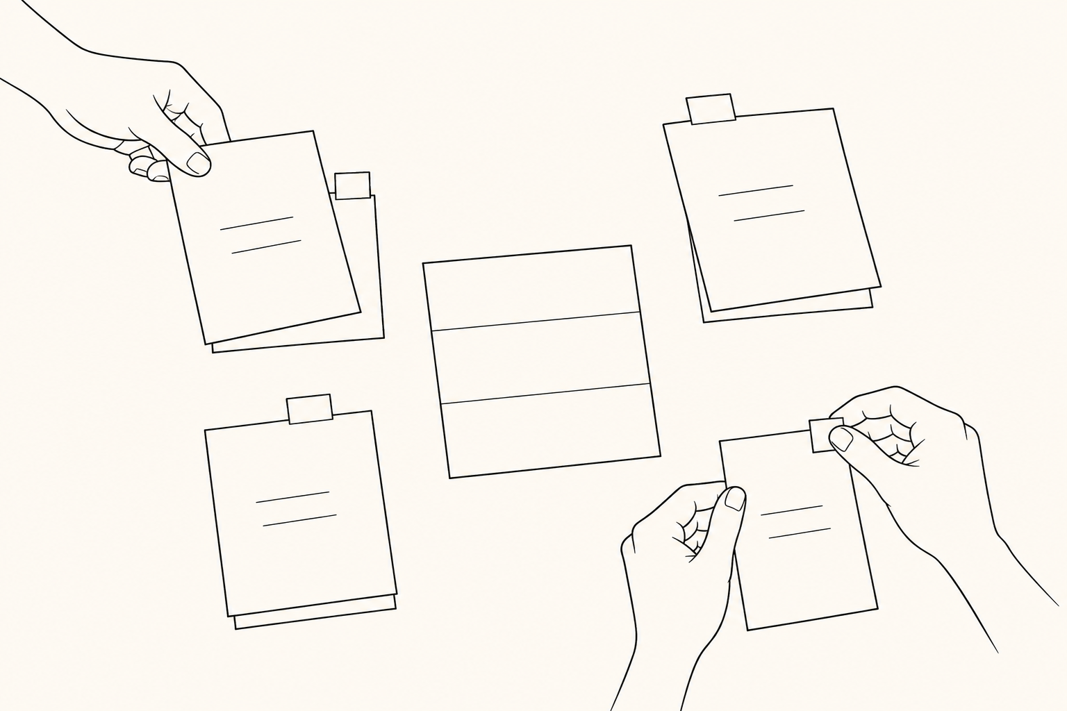 Two pairs of hands organize external review documents into question-based groups and check a separate setting tab on each document in a monochrome pen sketch