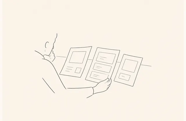 1人の検討者が3つのポートフォリオ事例を比べ、問題、役割、範囲が分かれた事例を選ぶモノクロのペンスケッチ