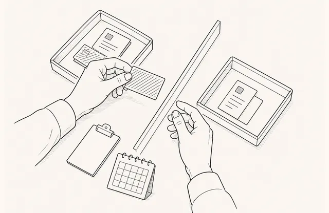 A monochrome pen sketch of a pair of hands moving an internal test card into a QA tray separated from external observation records.