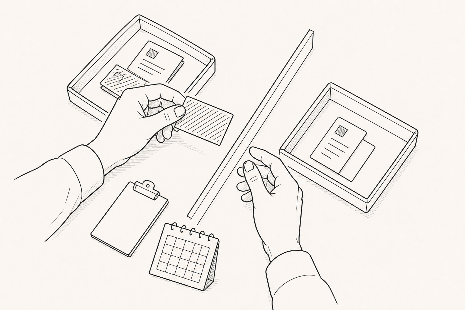 A monochrome pen sketch of a pair of hands moving an internal test card into a QA tray separated from external observation records.