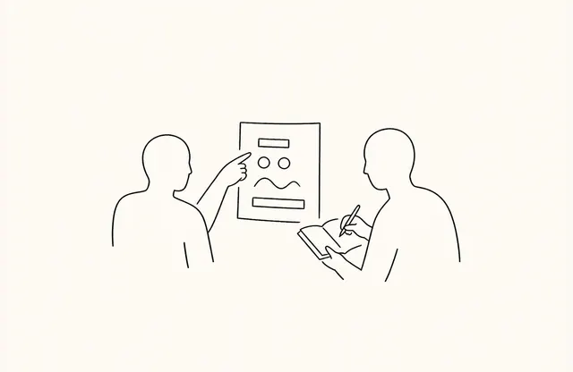二人が同じ分析シートを確認しながら共通のメトリクス辞書を作る様子のシンプルなモノクロペンスケッチ。