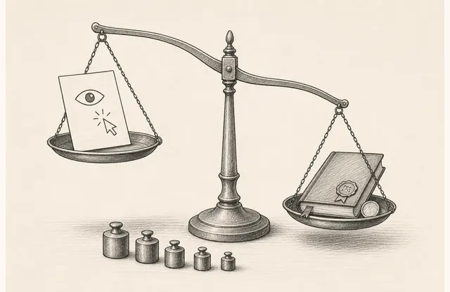 A sketch of document views and clicks on one side of a scale, a contract ledger on the other, and five evidence weights waiting at the base