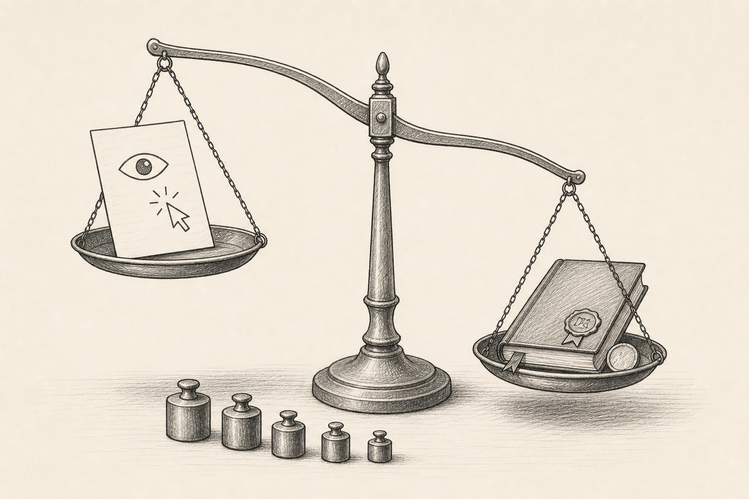A sketch of document views and clicks on one side of a scale, a contract ledger on the other, and five evidence weights waiting at the base