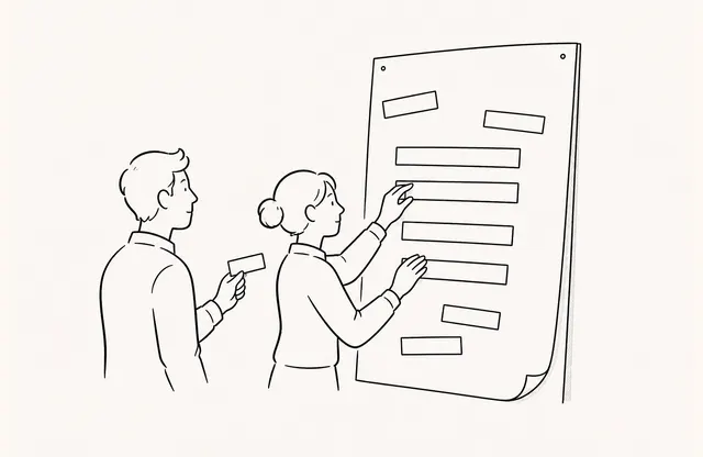 A monochrome pen sketch of two people organizing scattered name tags against one shared naming-rule board.