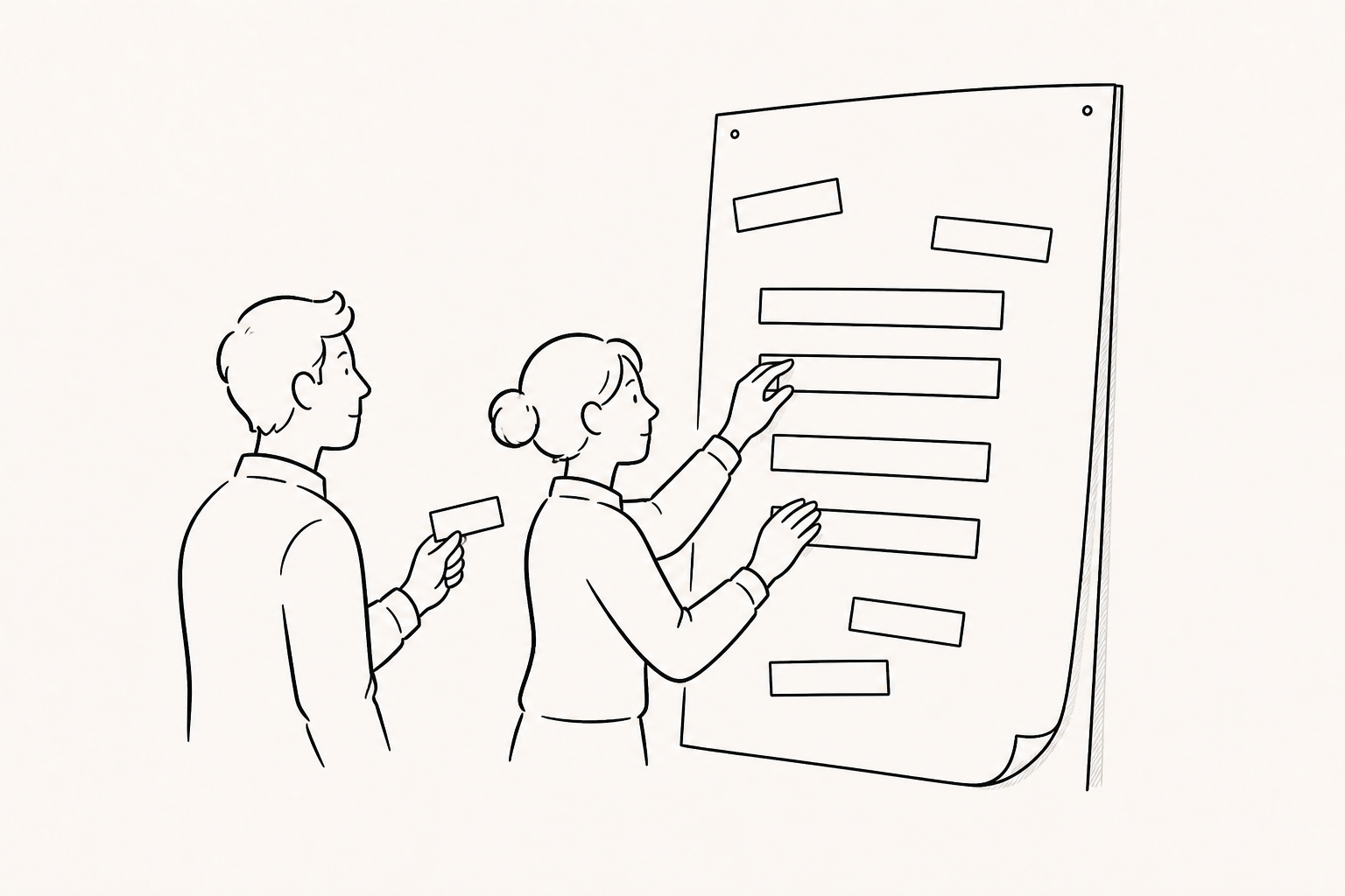 A monochrome pen sketch of two people organizing scattered name tags against one shared naming-rule board.