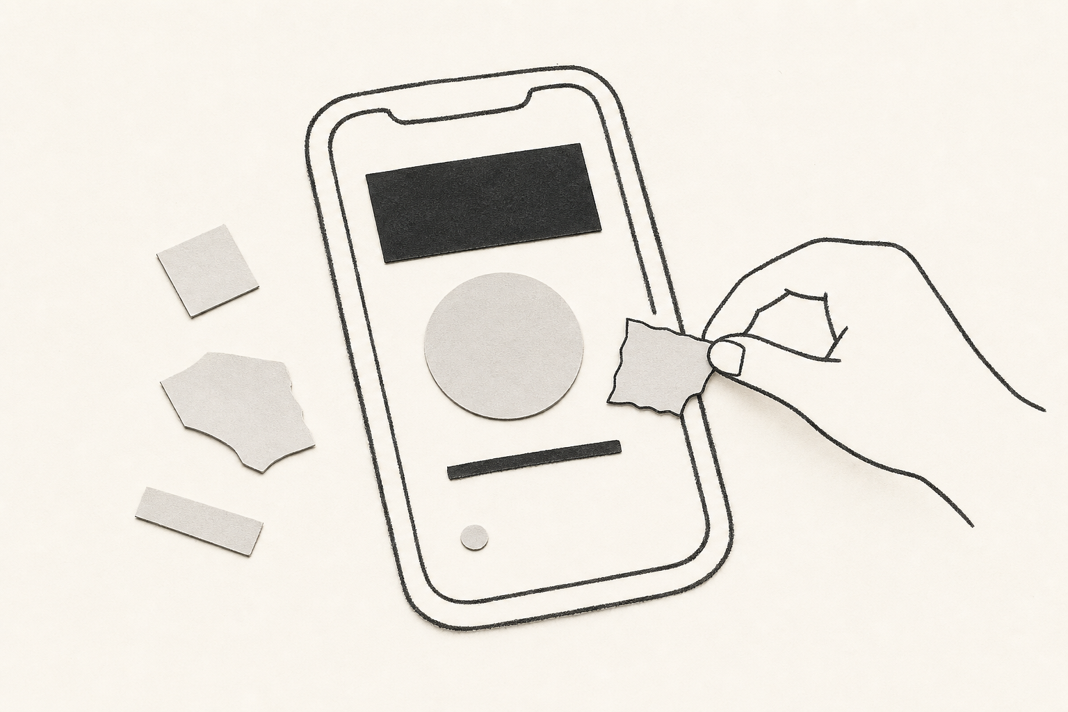 A sparse line drawing of a hand arranging headline, evidence, explanation, and source shapes inside a phone-sized frame