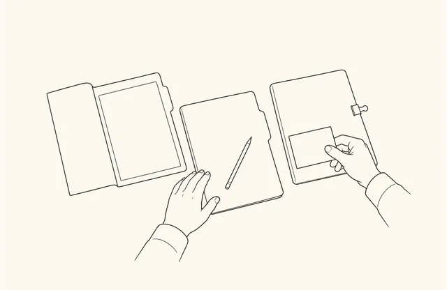 A manager's hands assign responsibility cards across folders prepared for viewing, editing, and administration in a monochrome pen sketch