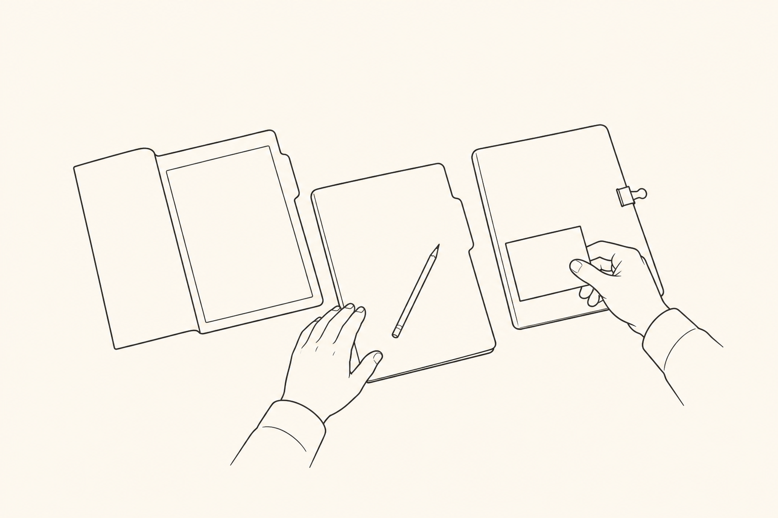 A manager's hands assign responsibility cards across folders prepared for viewing, editing, and administration in a monochrome pen sketch