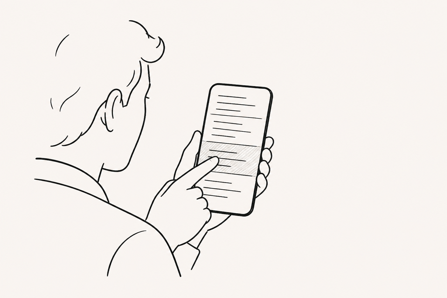 応募者がモバイルの会社紹介文書で必要な区間を指で直接探すモノクロのペンスケッチ。