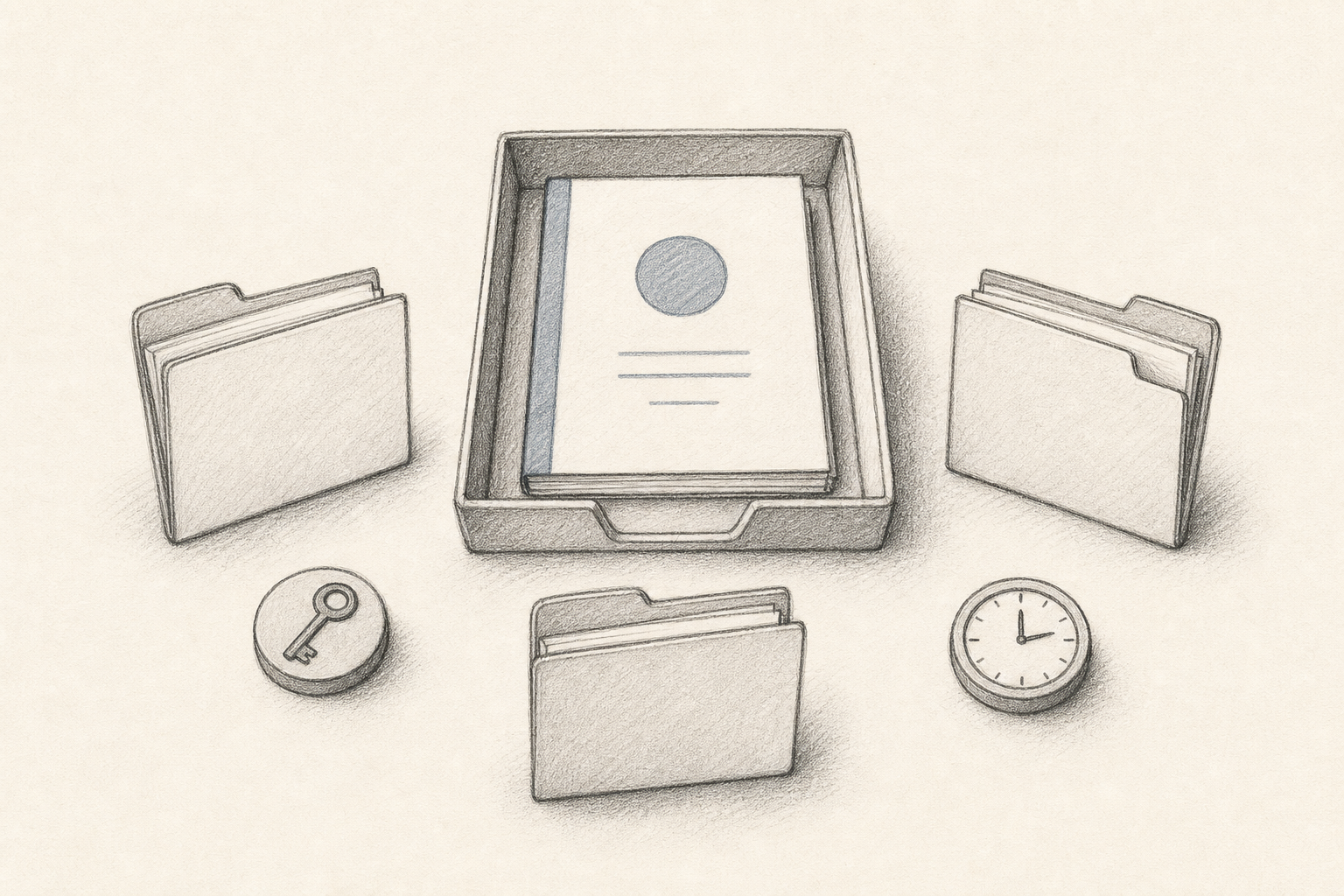 A central source-of-truth deck surrounded by appendix folders, with a key and clock representing access and timing