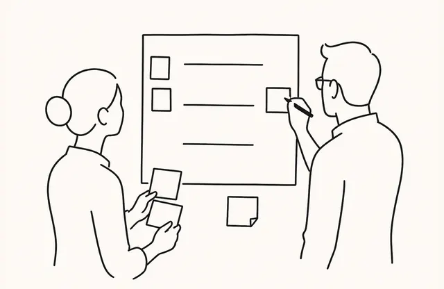 二人の担当者が文書の閲覧記録と許可された次の対応を一枚のスコア規則表で確認するペンスケッチ。