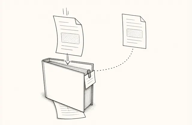 A monochrome pen sketch of a replacement page entering the source document while the previous page is retained and one current shared copy stays connected.