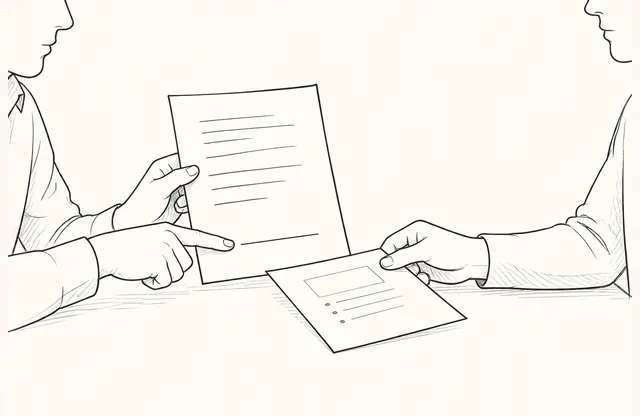 A monochrome pen sketch of two teammates aligning one follow-up sheet with a single unresolved line in meeting notes.
