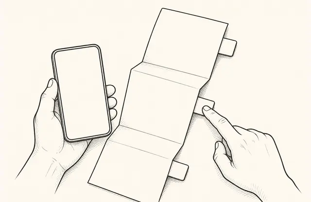Monochrome drawing of one person using a phone to return to the relevant preparation, first-task, or help section of a long onboarding guide