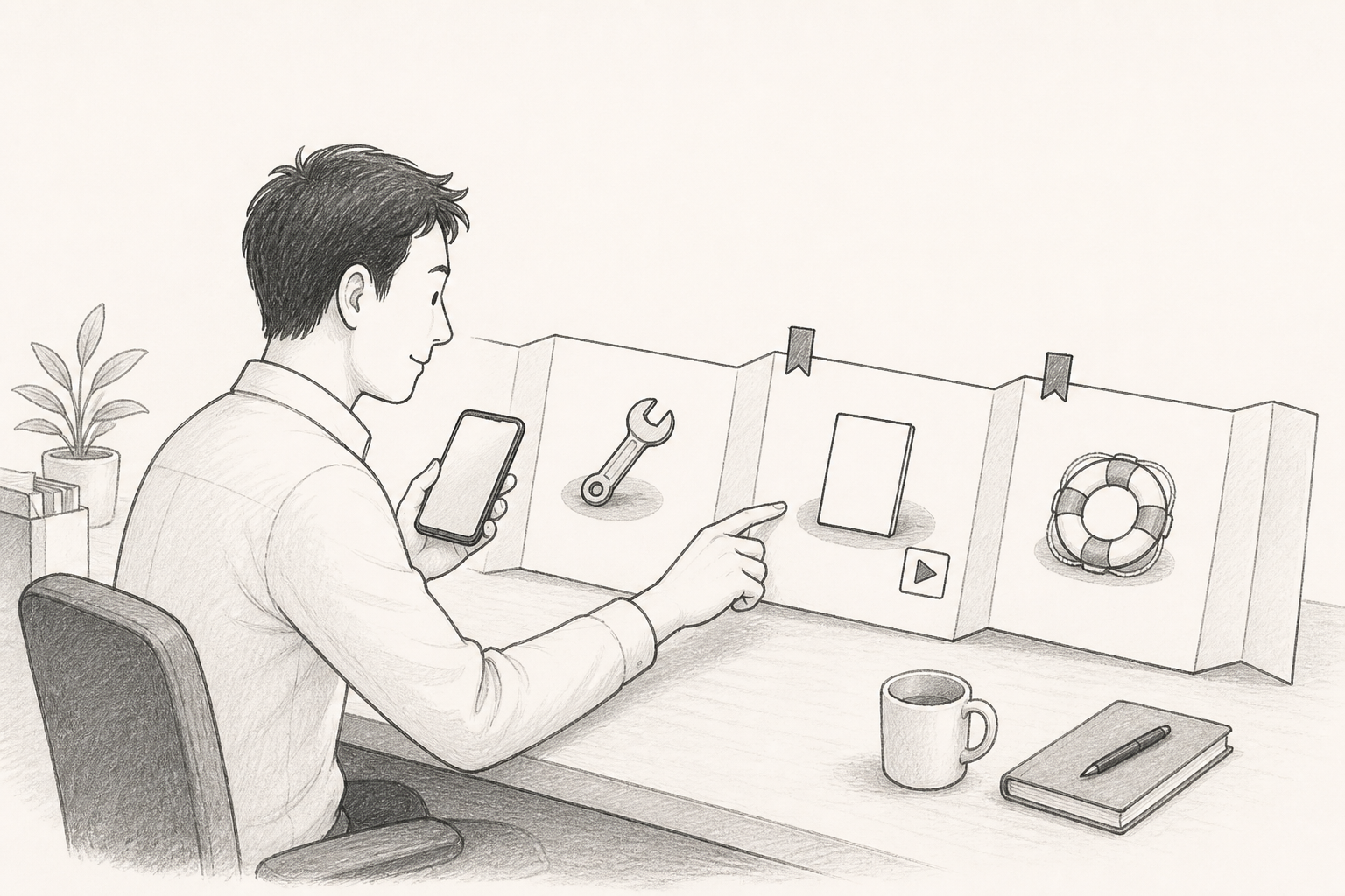 한 사람이 휴대전화로 긴 온보딩 안내서의 준비, 첫 작업, 도움 구간 가운데 필요한 위치를 다시 찾는 단색 드로잉