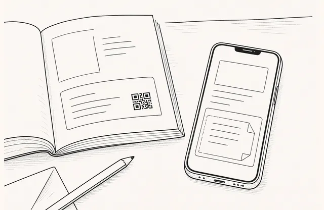 印刷ガイドのQRからスマートフォン上の現在のWeb文書へつながる様子を描いたモノクロのペンスケッチ。