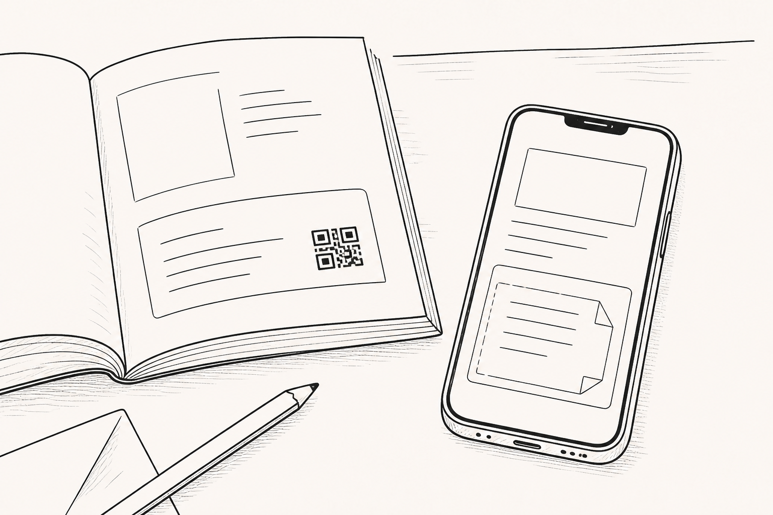 印刷ガイドのQRからスマートフォン上の現在のWeb文書へつながる様子を描いたモノクロのペンスケッチ。