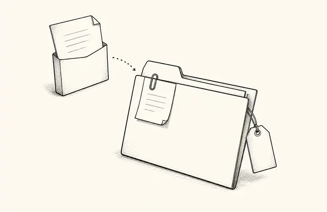 Minimal monochrome sketch of the current folder, one earlier sheet, a change note, and an owner tag
