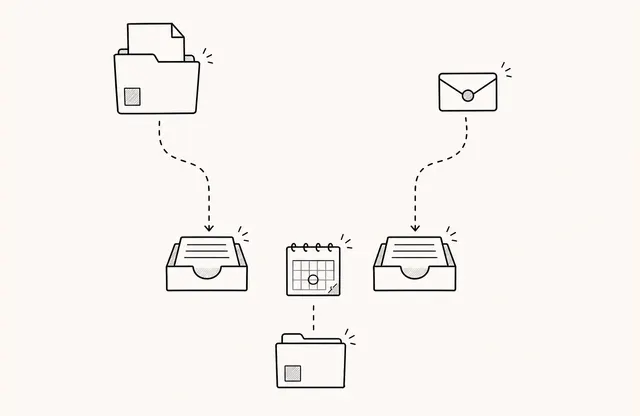 A pen sketch of a document folder and sealed access card following separate paths to delivery trays, with a calendar leading to a closeout folder