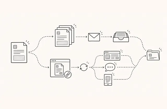 Parallel document workflows for a fixed attachment copy and a linked current version shared across several channels