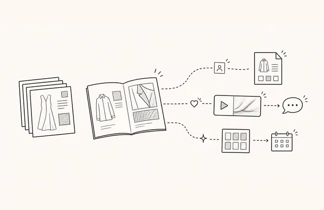 A fashion lookbook branching into audience-specific product paths, selective video, a line-sheet request, a conversation, and a meeting