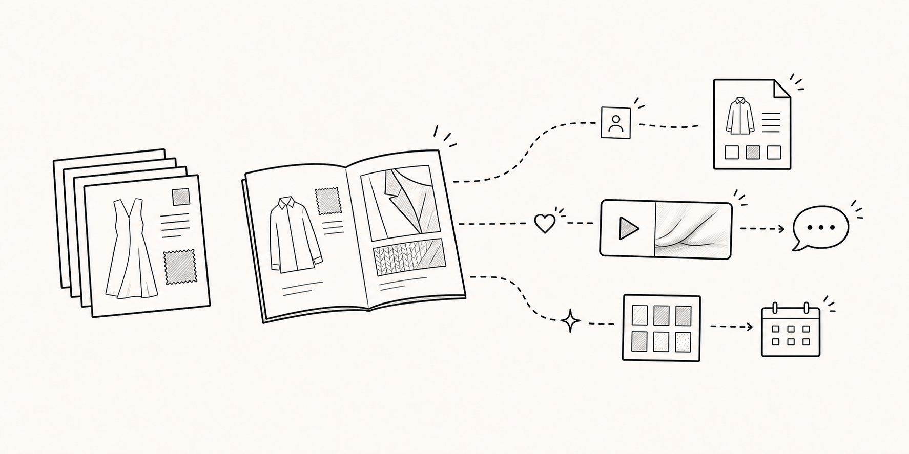 A fashion lookbook branching into audience-specific product paths, selective video, a line-sheet request, a conversation, and a meeting