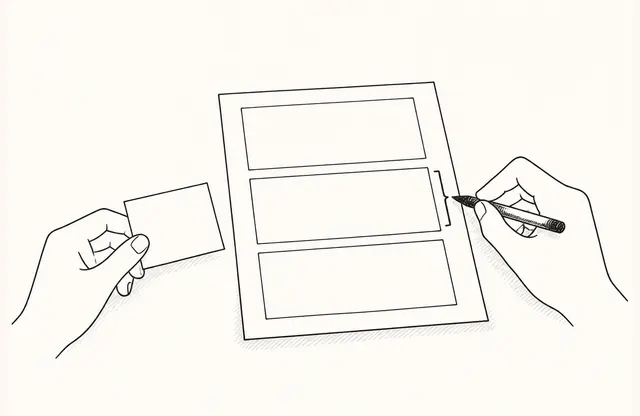 A monochrome pen sketch of two hands placing a field-question note beside one sales-deck page and making one revision mark