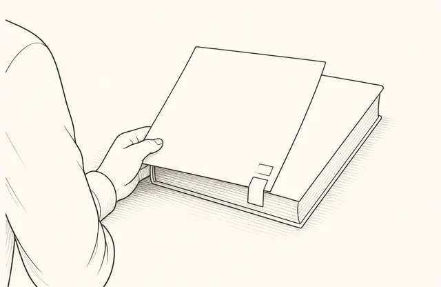 한 검토자가 두꺼운 원문 위에 놓인 짧은 요약지를 들고 같은 위치의 복귀 표식을 확인하는 단색 펜 스케치