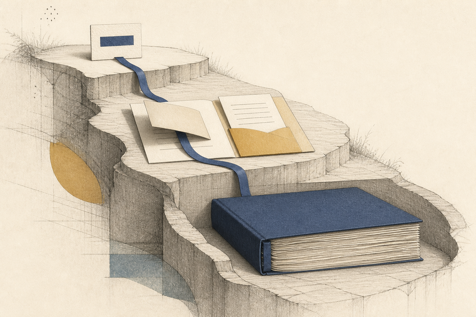 An editorial illustration of a blue ribbon running from a short summary card through condition and evidence materials to a thick original report.