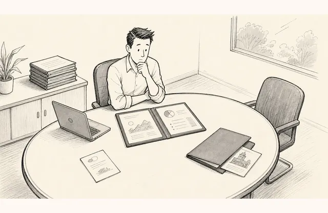 한 사람이 회의 테이블에 놓인 한 장 요약 자료, 발표 자료와 후속 자료 중 지금 필요한 문서를 고르는 단순한 스케치