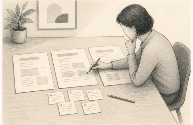 A single editor comparing proposal pages with repeated question notes and marking one section to revise first in a monochrome sketch